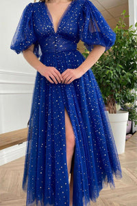 Shiny Stars Half Sleeves V Neck Tea Length Blue/Black Prom Homecoming Dresses, Half Sleeves Blue/Black Formal Graduation Evening Dresses EP1885