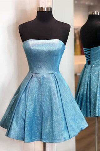 Shiny Strapless Blue Short Prom Dresses, Open Back Blue Homecoming Dresses, Blue Formal Evening Dresses EP1376