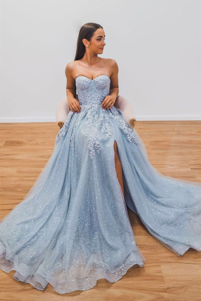 V Neck Light Blue Lace Long Prom Dresses with High Slit, Light Blue Tulle  Lace Formal Evening Dresses EP1724