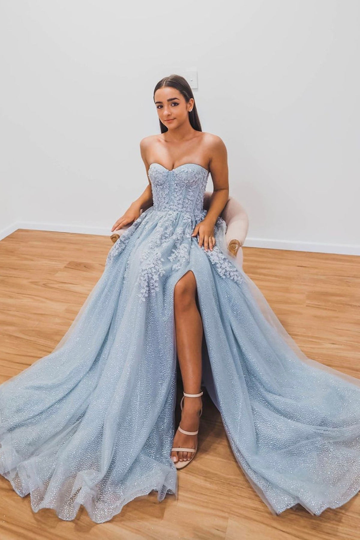 Shiny Strapless Light Blue Lace Long Prom Dresses with High Slit, Ligh Eip Collection Shiny Strapless Light Blue Lace Long Prom Dresses with High Slit, Ligh Eip Collection
