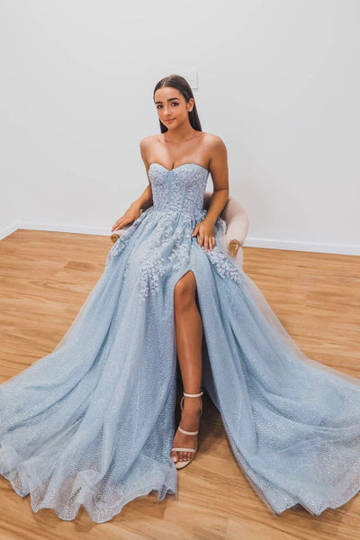 Shiny Strapless Light Blue Lace Long Prom Dresses with High Slit, Light Blue Tulle Lace Formal Graduation Evening Dresses EP1755