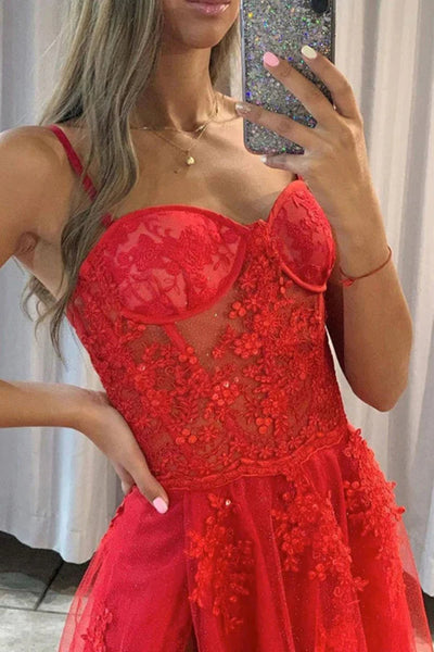 Shiny Sweetheart Neck Red Lace Long Prom Dresses with High Slit, Red Lace Formal Graduation Evening Dresses