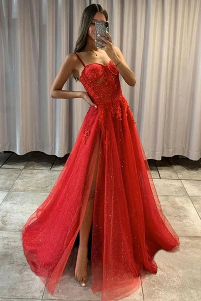 Shiny Sweetheart Neck Red Lace Long Prom Dresses with High Slit, Red Lace Formal Graduation Evening Dresses