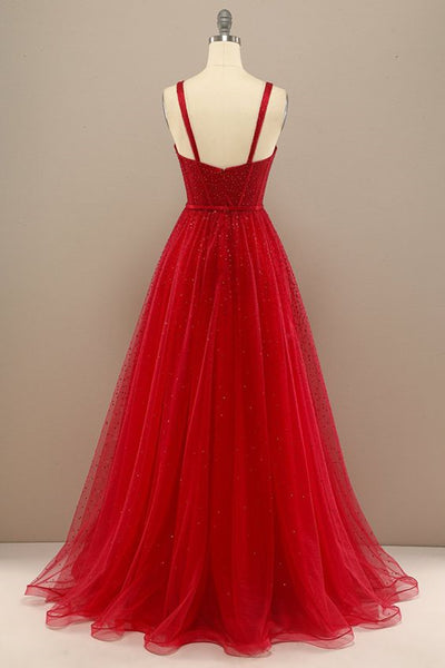 Shiny Sweetheart Neck Red Tulle Beaded Long Prom Dresses, Open Back Red Tulle Formal Graduation Evening Dresses EP1679