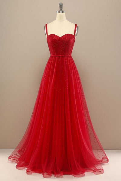 Shiny Sweetheart Neck Red Tulle Beaded Long Prom Dresses, Open Back Red Tulle Formal Graduation Evening Dresses EP1679