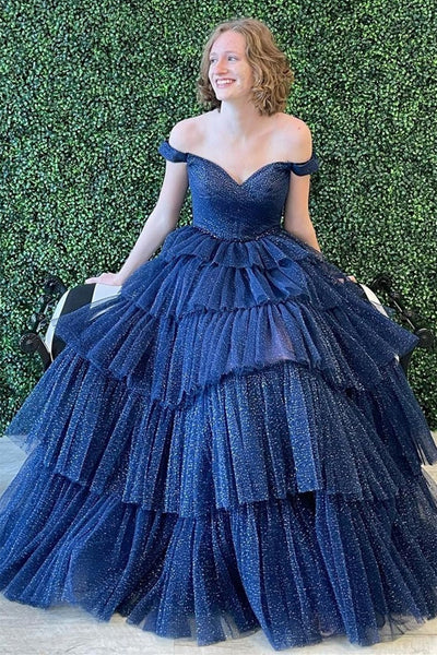 Shiny Tulle Off Shoulder Layered Hot Pink/Navy Blue Long Prom Dresses, Hot Pink/Navy Blue Tulle Formal Evening Dresses EP1784
