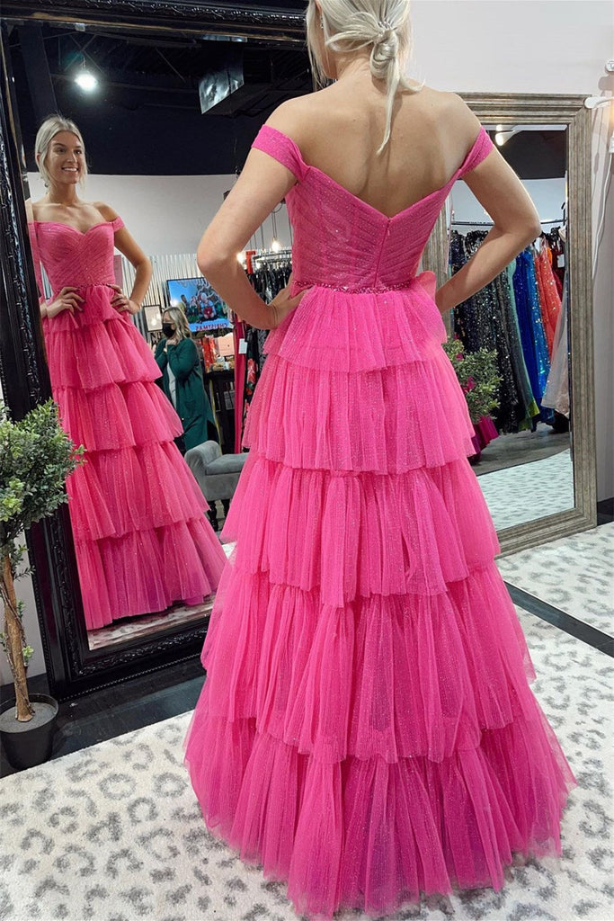 Shiny Tulle Off Shoulder Layered Hot Pink/Navy Blue Long Prom Dresses, Eip Collection Shiny Tulle Off Shoulder Layered Hot Pink/Navy Blue Long Prom Dresses, Eip Collection