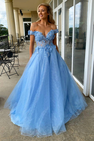 Shiny Tulle Off the Shoulder Blue Lace Floral Long Prom Dresses, Off Shoulder Blue Formal Dresses, Blue Lace Evening Dresses EP1772