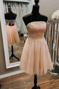 Shiny Tulle Strapless Pink Short Prom Dresses, Pink Tulle Homecoming Dresses, Short Pink Formal Evening Dresses EP1892
