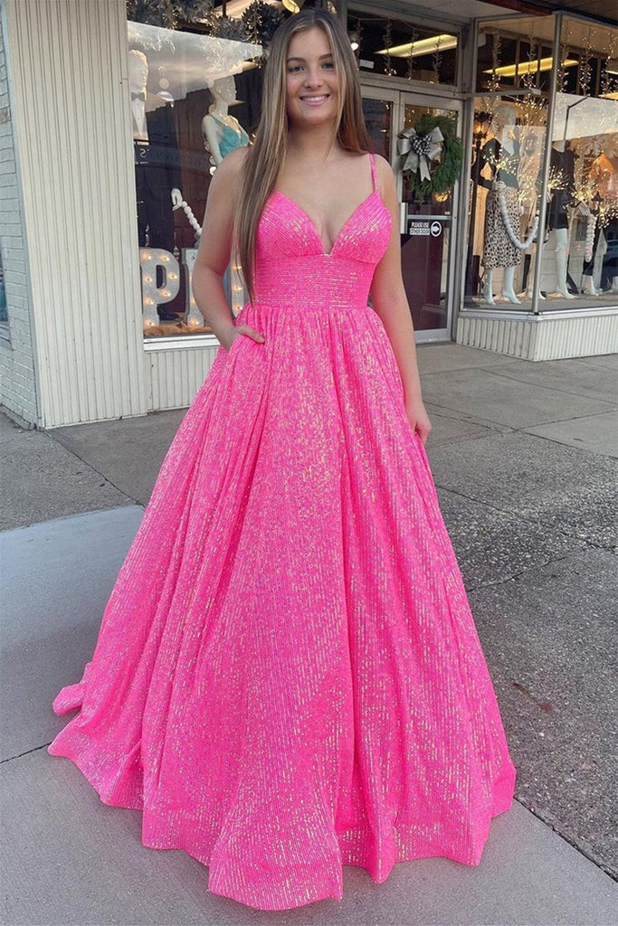 Shiny Tulle V Neck Backless Hot Pink Orange Champagne Long Prom