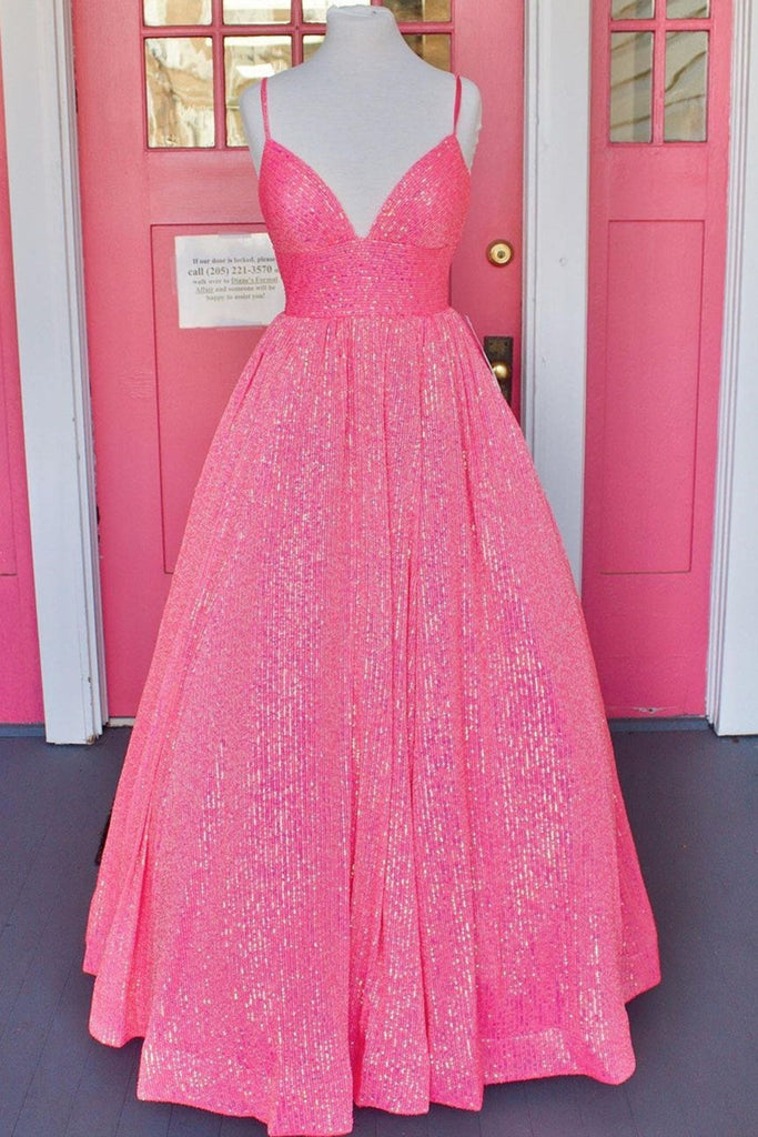 Shiny Tulle V Neck Backless Hot Pink/Orange/Champagne Long Prom Dresse Eip Collection Shiny Tulle V Neck Backless Hot Pink/Orange/Champagne Long Prom Dresse Eip Collection