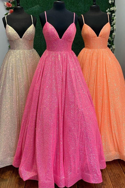 Shiny Tulle V Neck Backless Hot Pink/Orange/Champagne Long Prom Dresses, Backless Hot Pink/Orange/Champagne Formal Graduation Evening Dresses EP1808