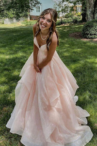 Shiny Tulle V Neck Backless Pink Long Prom Dresses, Backless Pink Formal Dresses, Sparkly Pink Evening Dresses EP1768