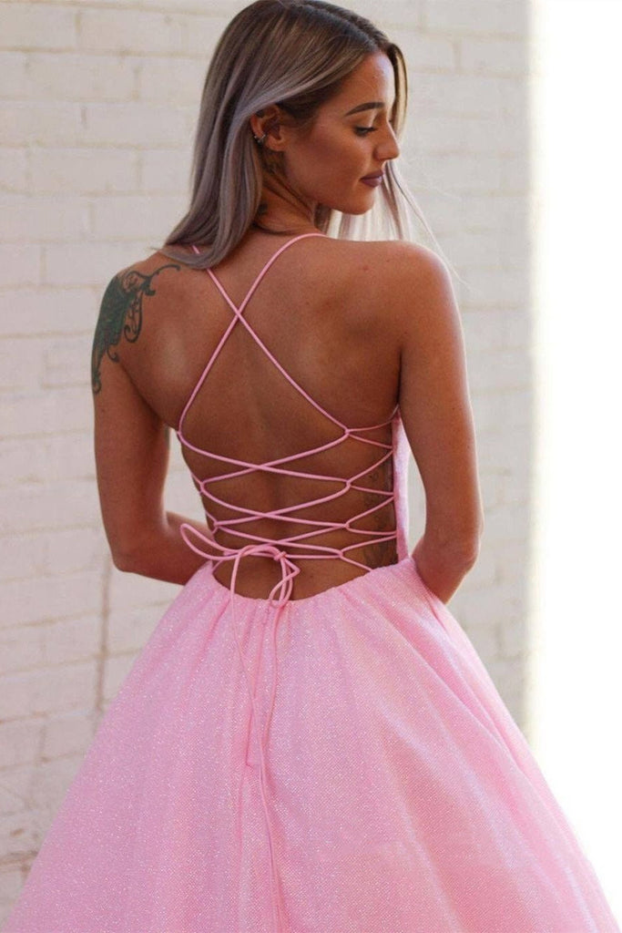 Shiny Tulle V Neck Backless Pink Long Prom Dresses, Long Pink Backless Eip Collection Shiny Tulle V Neck Backless Pink Long Prom Dresses, Long Pink Backless Eip Collection