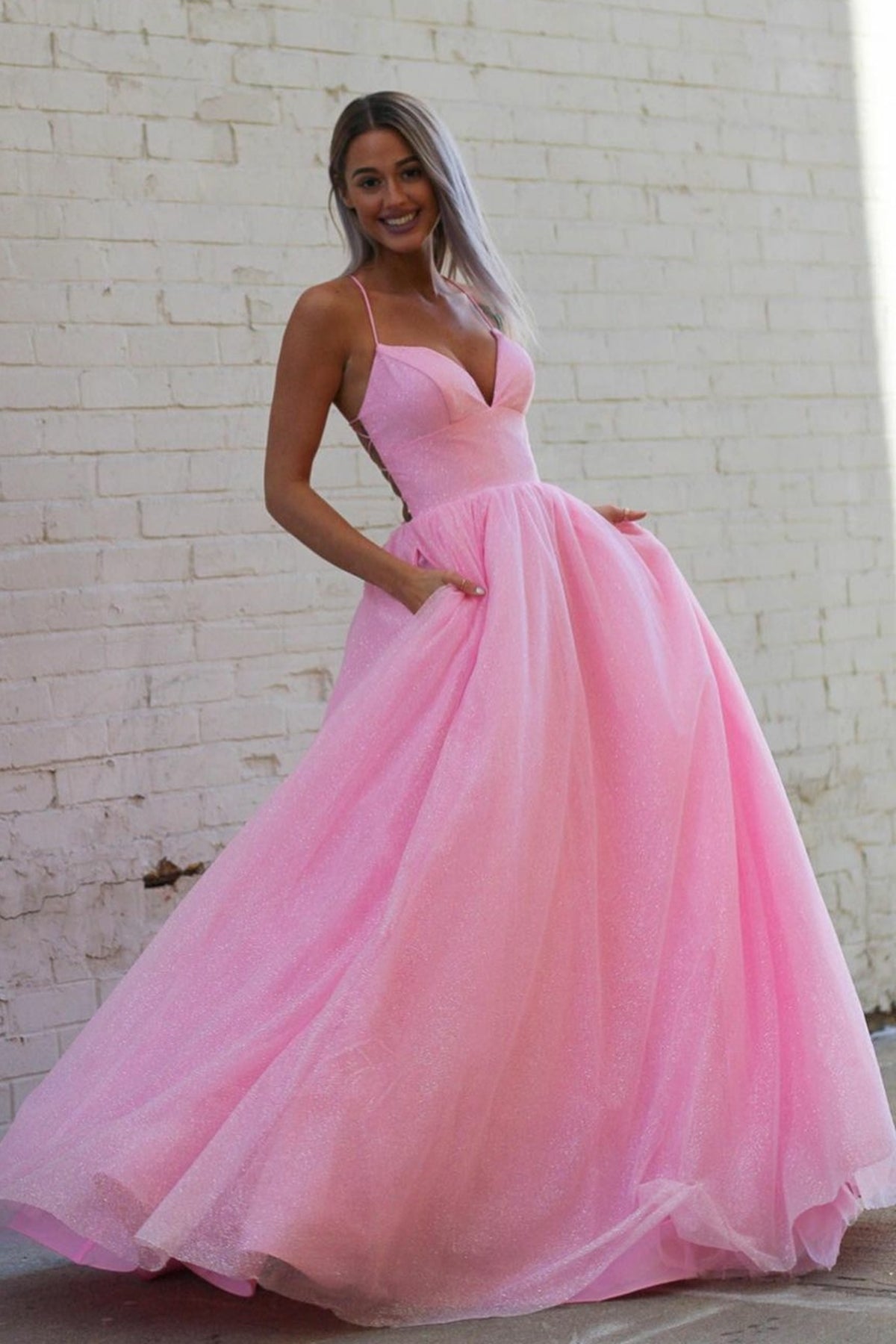 Shiny Tulle V Neck Backless Pink Long Prom Dresses, Long Pink Backless Formal Dresses, Pink Tulle Evening Dresses EP1831