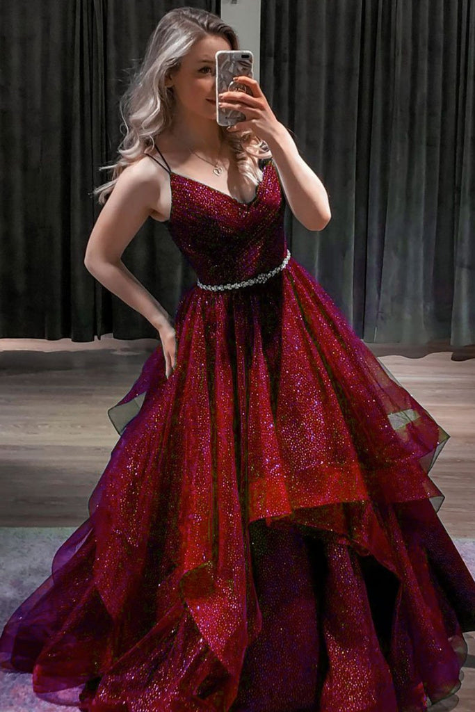 Shiny Tulle V Neck Blue/Burgundy/Black Long Prom Dresses with Belt, Sp Eip Collection Shiny Tulle V Neck Blue/Burgundy/Black Long Prom Dresses with Belt, Sp Eip Collection