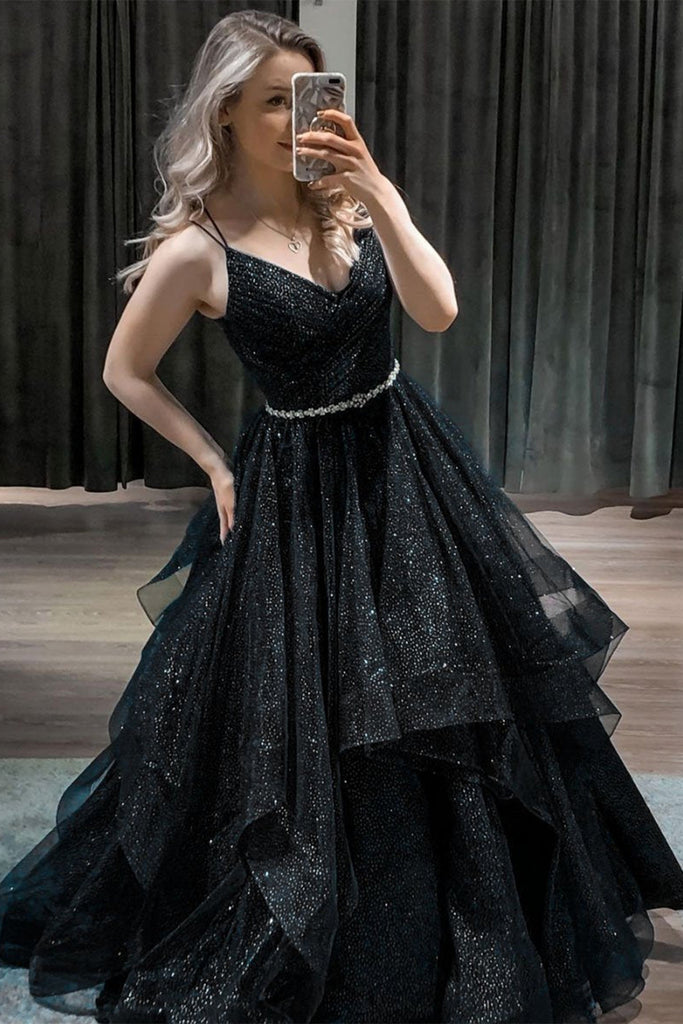 Black A-Line Prom Dress with Beaded Bodice, Satin Bottom, Slit, Pocket –  vigocouture
