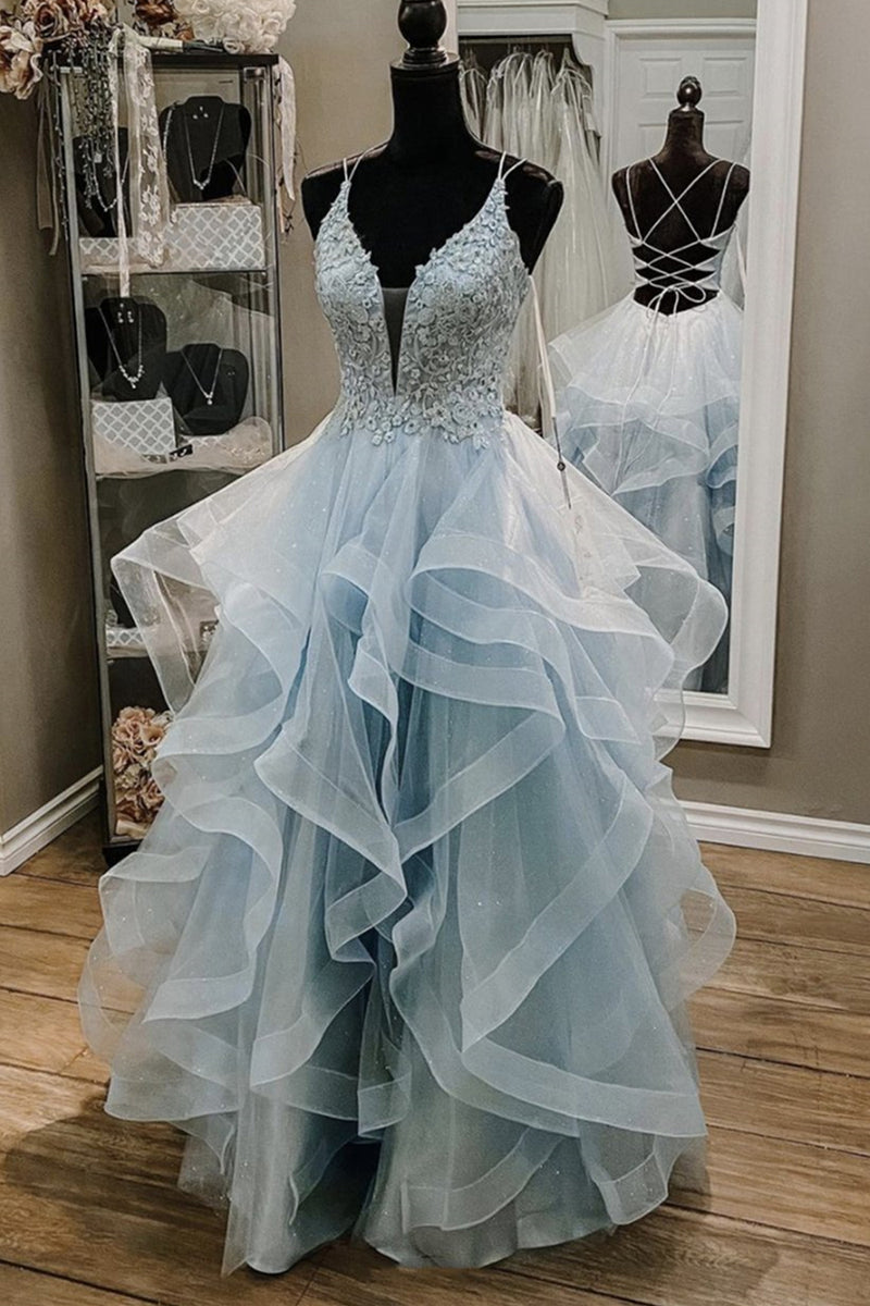 Shiny V Neck High Low Blue Prom Dresses, Backless Blue High Low V Neck Formal Evening Dresses main image 1