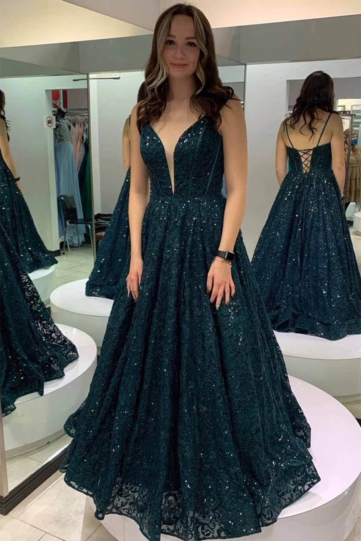 Shiny V Neck Backless Green Lace Long Prom Dresses, Green Lace Formal Eip Collection Shiny V Neck Backless Green Lace Long Prom Dresses, Green Lace Formal Eip Collection