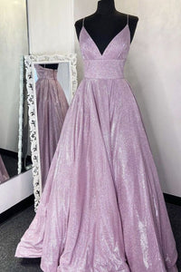 Shiny V Neck Backless Purple Long Prom Dresses, Sparkly Backless Purple Formal Evening Dresses