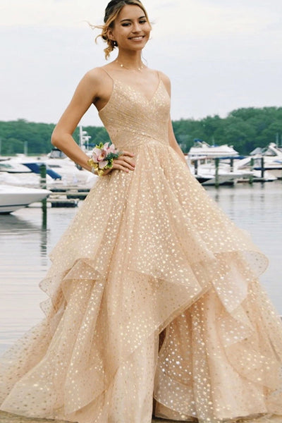 Shiny V Neck Champagne Long Prom Dresses, Sparkly Champagne Formal Gra – Eip Collection