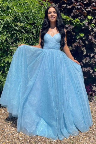 Shiny V Neck Open Back Blue Long Prom Dresses, Open Back Blue Formal Evening Dresses EP1393