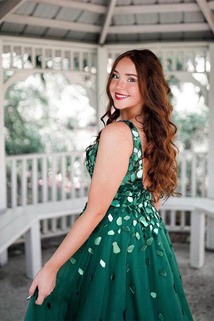Shiny V Neck Open Back Green Sequins Prom Dresses, V Neck Green Formal Eip Collection Shiny V Neck Open Back Green Sequins Prom Dresses, V Neck Green Formal Eip Collection