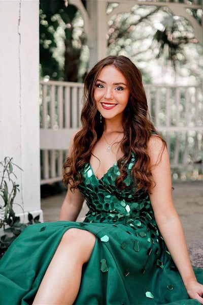 Shiny V Neck Open Back Green Sequins Prom Dresses, V Neck Green Formal Graduation Evening Dresses EP1491