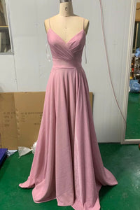 Shiny V Neck Pink Long Prom Dresses, Pink V Neck Long Formal Evening Dresses