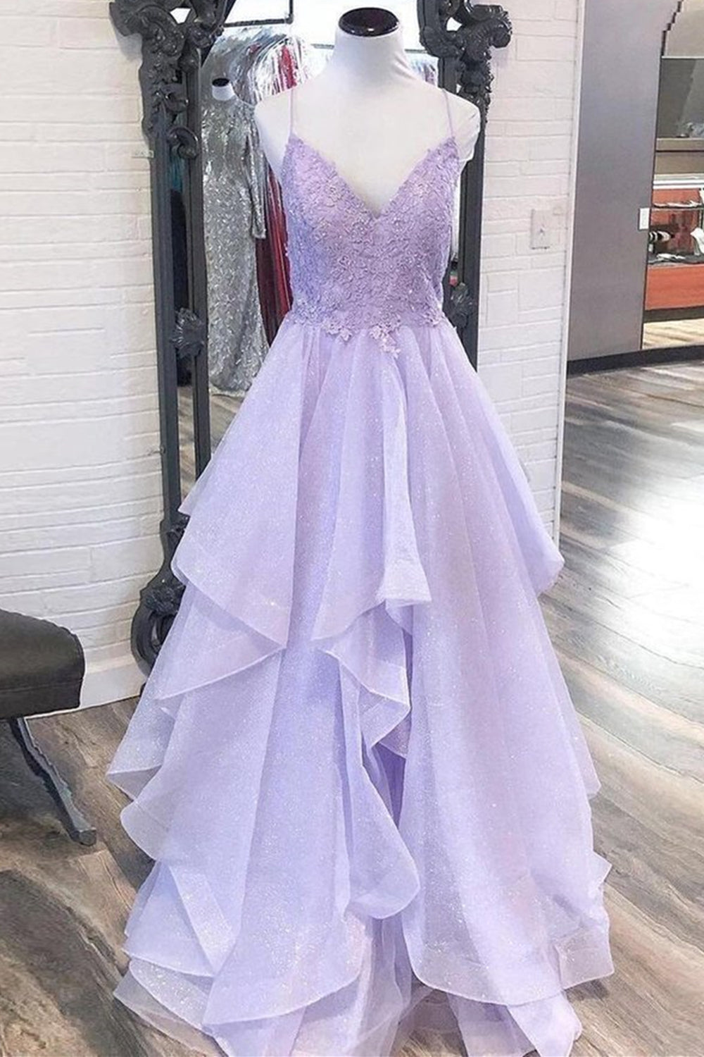 Shiny V Neck Purple Lace Long Prom Dresses, Purple Lace Formal Evening Dresses, Purple Ball Gown EP1358