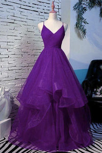 Shiny V Neck Purple Long Prom Dresses, Long Purple Formal Evening Dresses, Purple Ball Gown EP1363