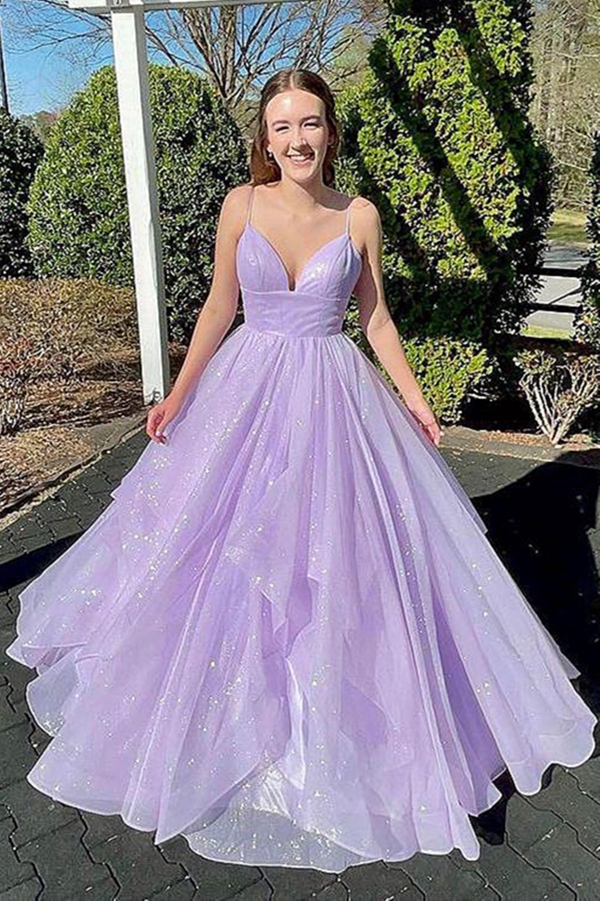 Shiny V Neck Purple Backless Long Prom Dresses Purple V Neck Long