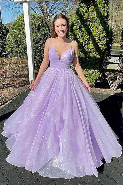 Shiny V Neck Purple Backless Long Prom Dresses, Purple V Neck Long Formal Evening Dresses