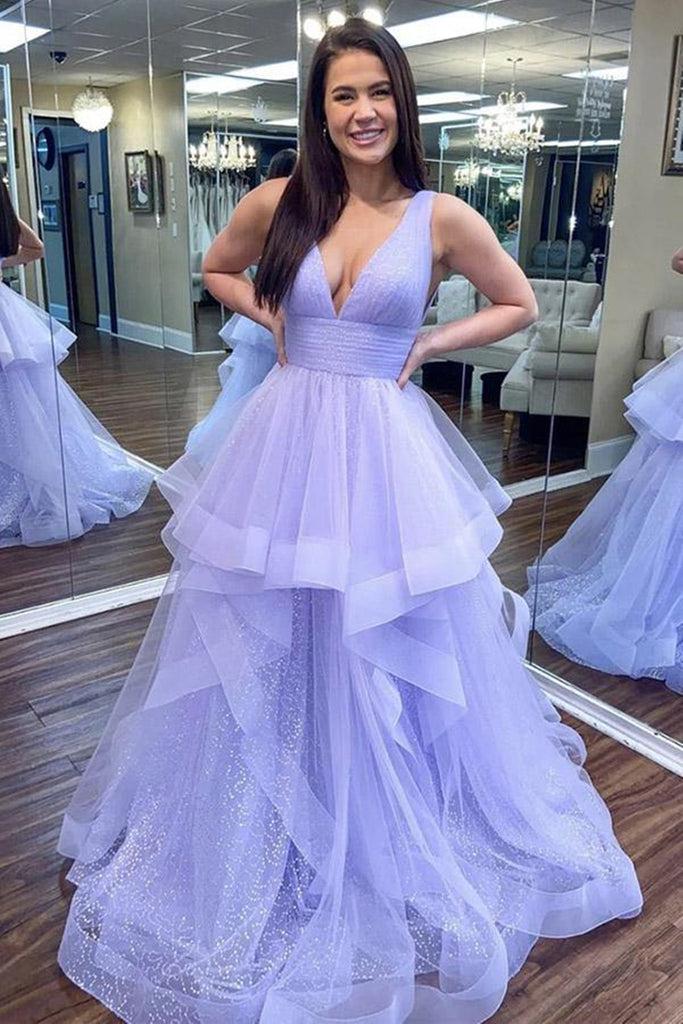 Shiny V Neck and V Back Light Blue Tulle Long Prom Dresses, Puffy Blue Eip Collection Shiny V Neck and V Back Light Blue Tulle Long Prom Dresses, Puffy Blue Eip Collection