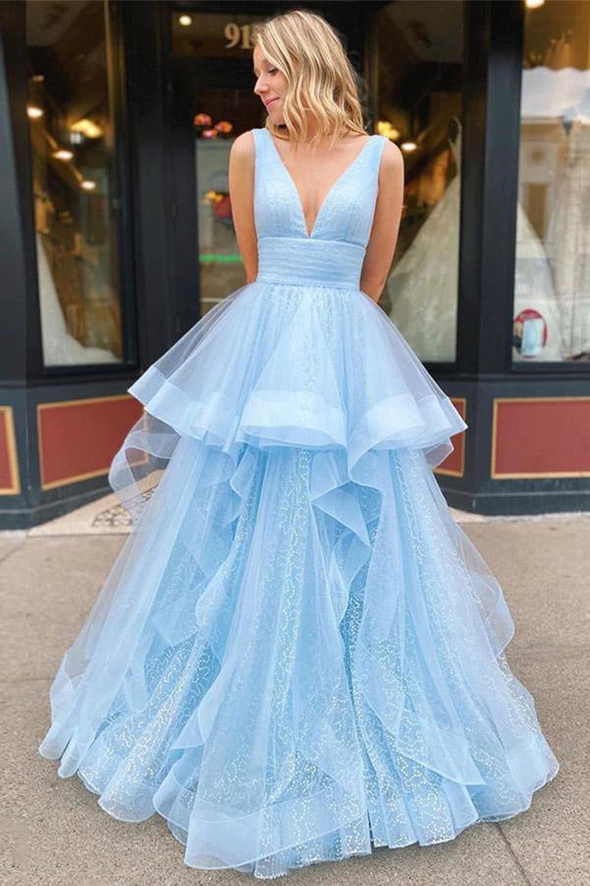 Shiny V Neck and V Back Light Blue Tulle Long Prom Dresses, Puffy Blue Eip Collection Shiny V Neck and V Back Light Blue Tulle Long Prom Dresses, Puffy Blue Eip Collection