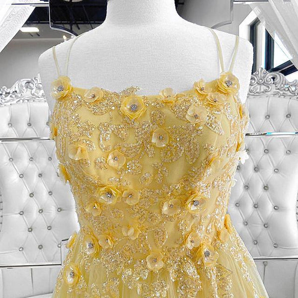 Shiny Yellow Lace Floral Prom Dresses, Shiny Yellow Lace Floral Formal Evening Dresses