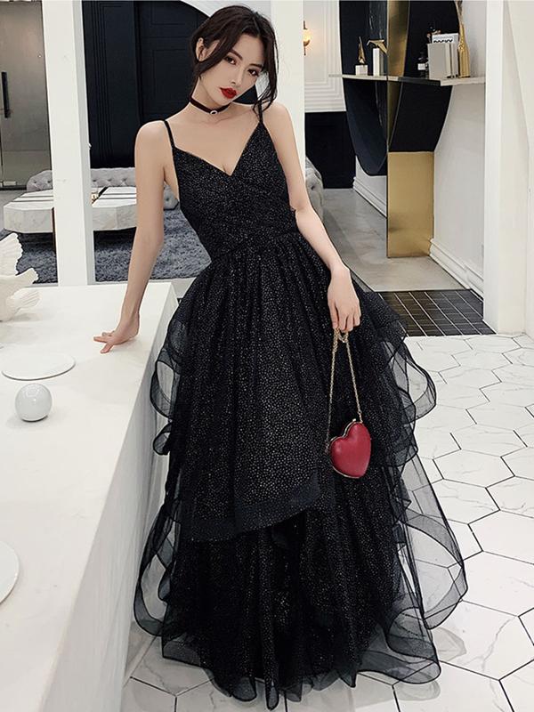 blue dress for baby girl BABARONI Black Prom Dress with Off The Shoulder Tiered Skirt and Slit main image 1