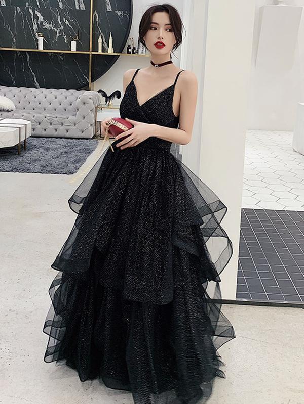 Shiny Black V Neck Prom Dresses, Backless Black V Neck Formal Evening Eip Collection Shiny Black V Neck Prom Dresses, Backless Black V Neck Formal Evening Eip Collection