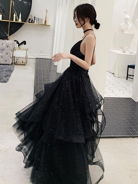 Shiny Black V Neck Prom Dresses, Backless Black V Neck Formal Evening Gown