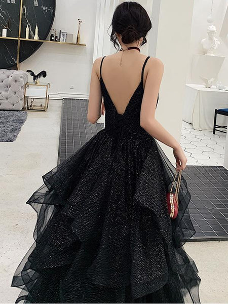Shiny Black V Neck Prom Dresses, Backless Black V Neck Formal Evening Gown