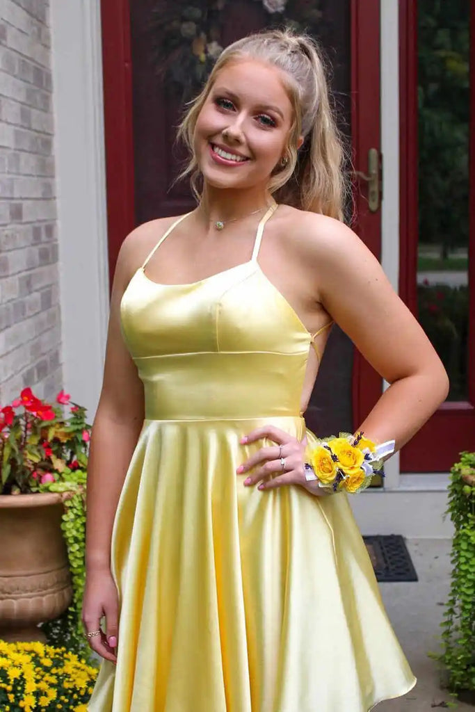 Short Backless Blue Yellow Pink Prom Dresses, Open Back Short Formal H   Eip Collection