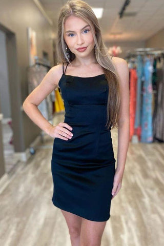 Short Black Satin Prom Homecoming Dresses, Black Formal Graduation Evening Dresses EP1436