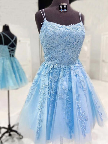 Short Blue Lace Prom Dressses, Short Blue Lace Formal Homecoming Dresses