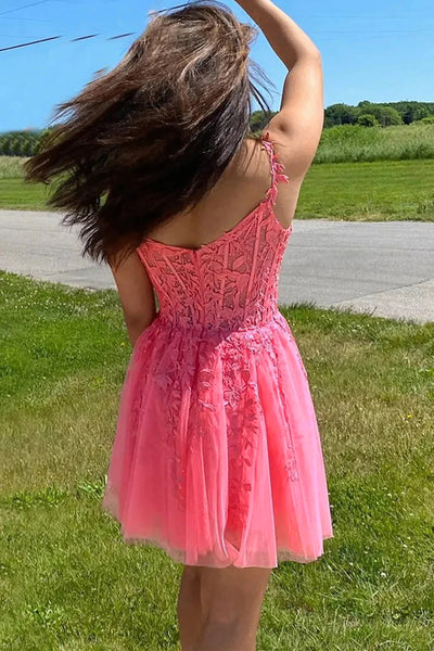 Short Hot Pink Navy Blue Lace Prom Dresses, Hot Pink Navy Blue Lace Formal Homecoming Dresses