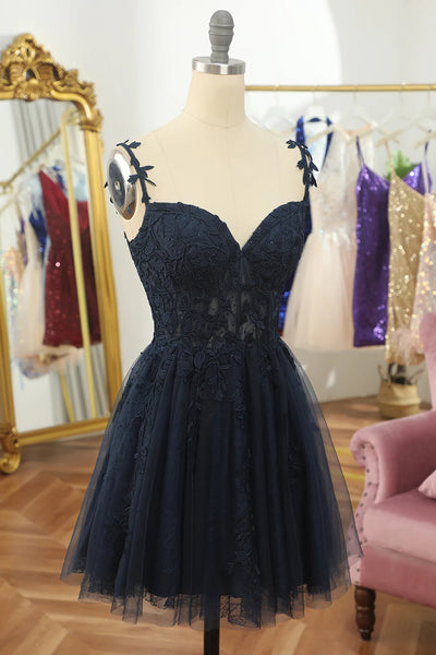 Short Hot Pink Navy Blue Lace Prom Dresses, Hot Pink Navy Blue Lace Formal Homecoming Dresses
