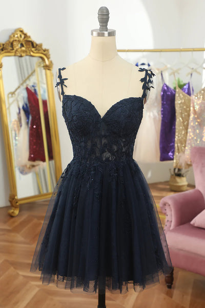 Short Hot Pink Navy Blue Lace Prom Dresses, Hot Pink Navy Blue Lace Formal Homecoming Dresses