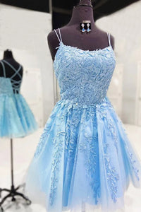Short Light Blue Lace Prom Dresses, Light Blue Short Lace Graduation Homecoming Dresses