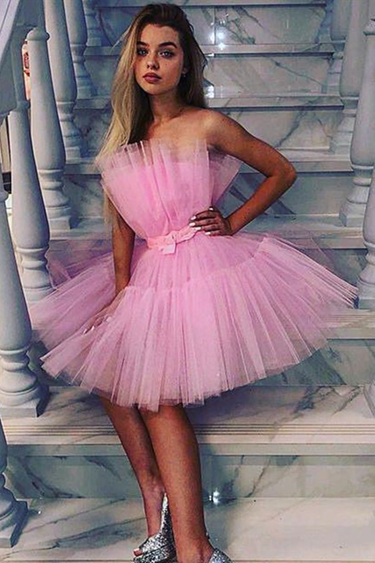 A Line V Neck Short Pink Prom Dresses, Short Pink Satin Formal Homecom –  jbydress