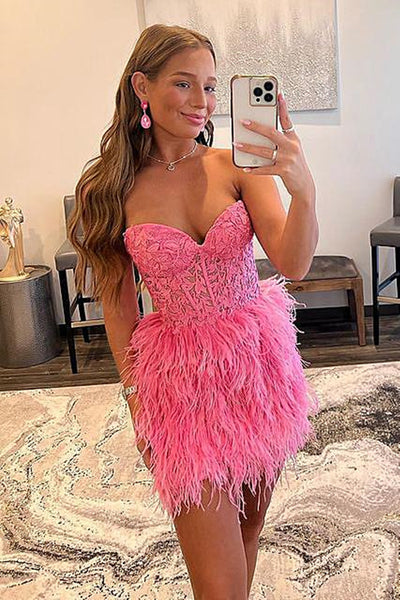 Short Pink Lace Prom Dresses, Short Pink Lace Formal Homecoming Dresses