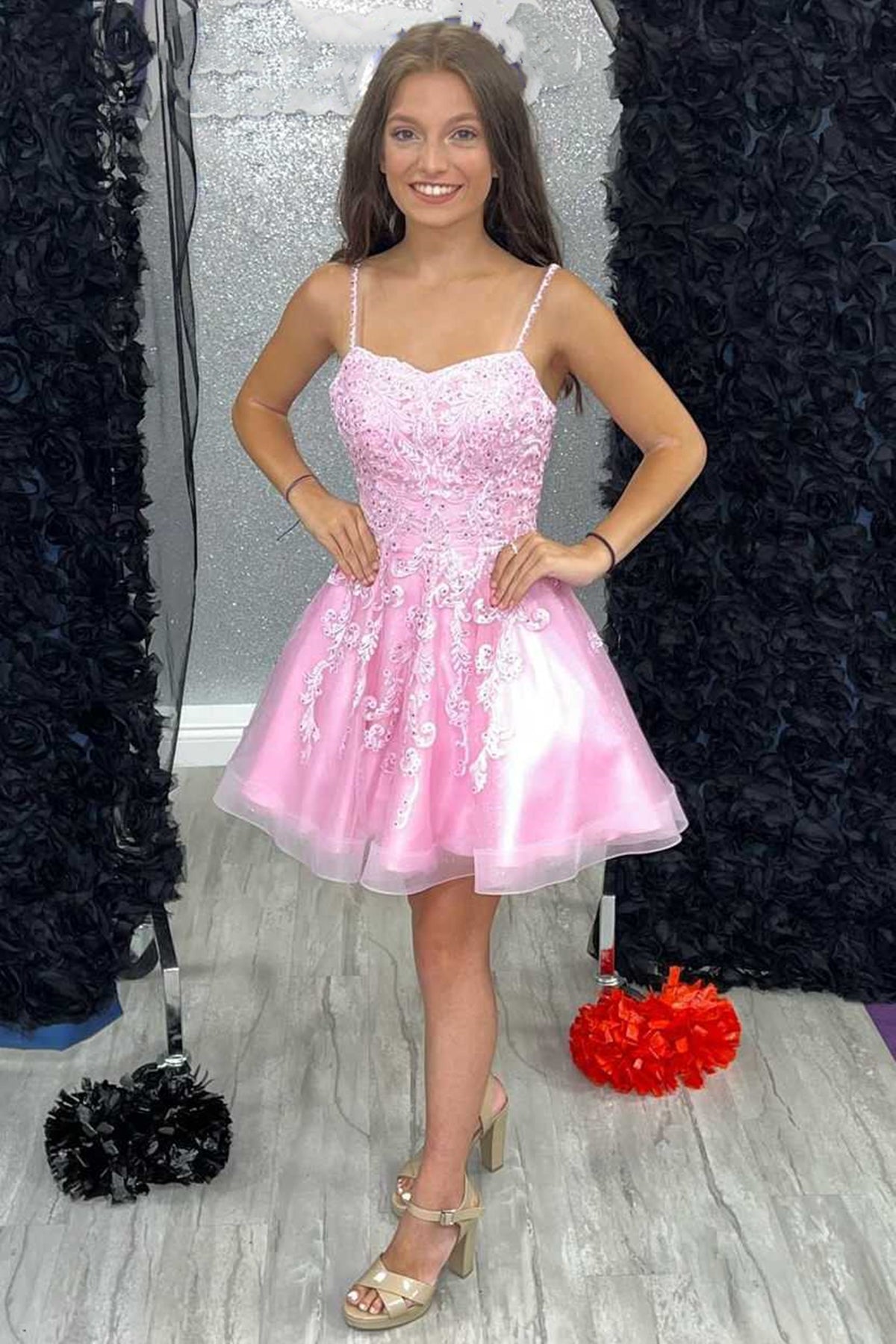Short Pink Lace Prom Dresses, Short Pink Lace Formal Homecoming Dresses